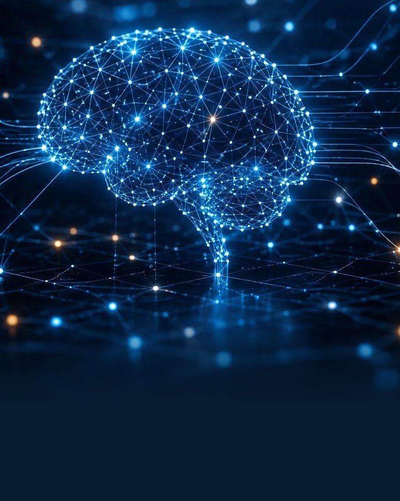 Ilustração da Spero AI: cérebro estilizado como uma rede neural que junta dados clínicos, imagem e genética